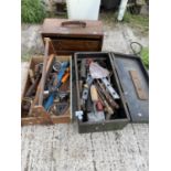 AN ENGINEER'S OAK TOOL CHEST WITH FIVE DRAWERS (ONE MISSING) TWO FURTHER TOOL BOXES AND VARIOUS