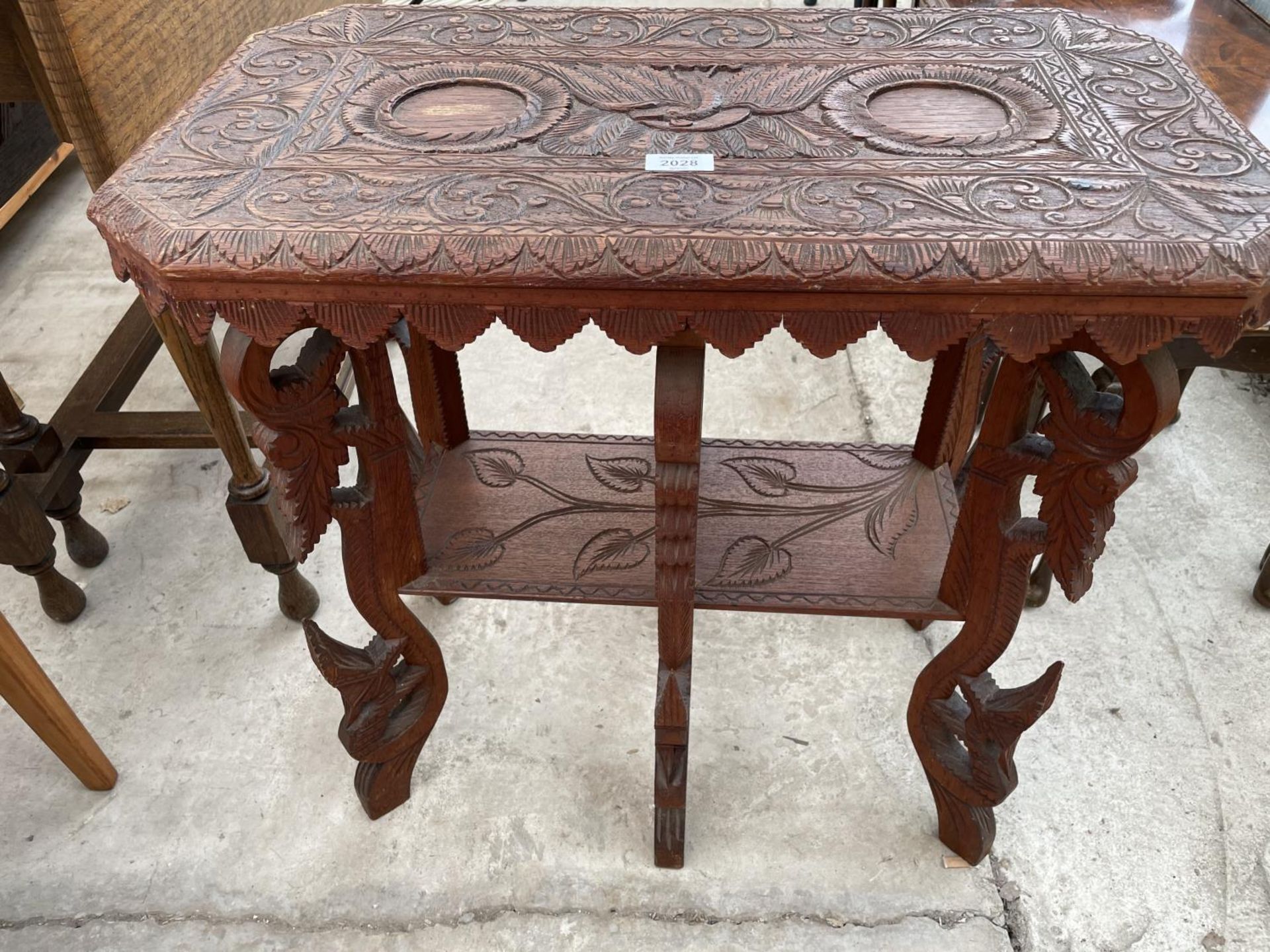 A HEAVILY CARVED ASIAN HARDWOOD TWO TIER OCCASIONAL TABLE, 26X14" - Image 3 of 6