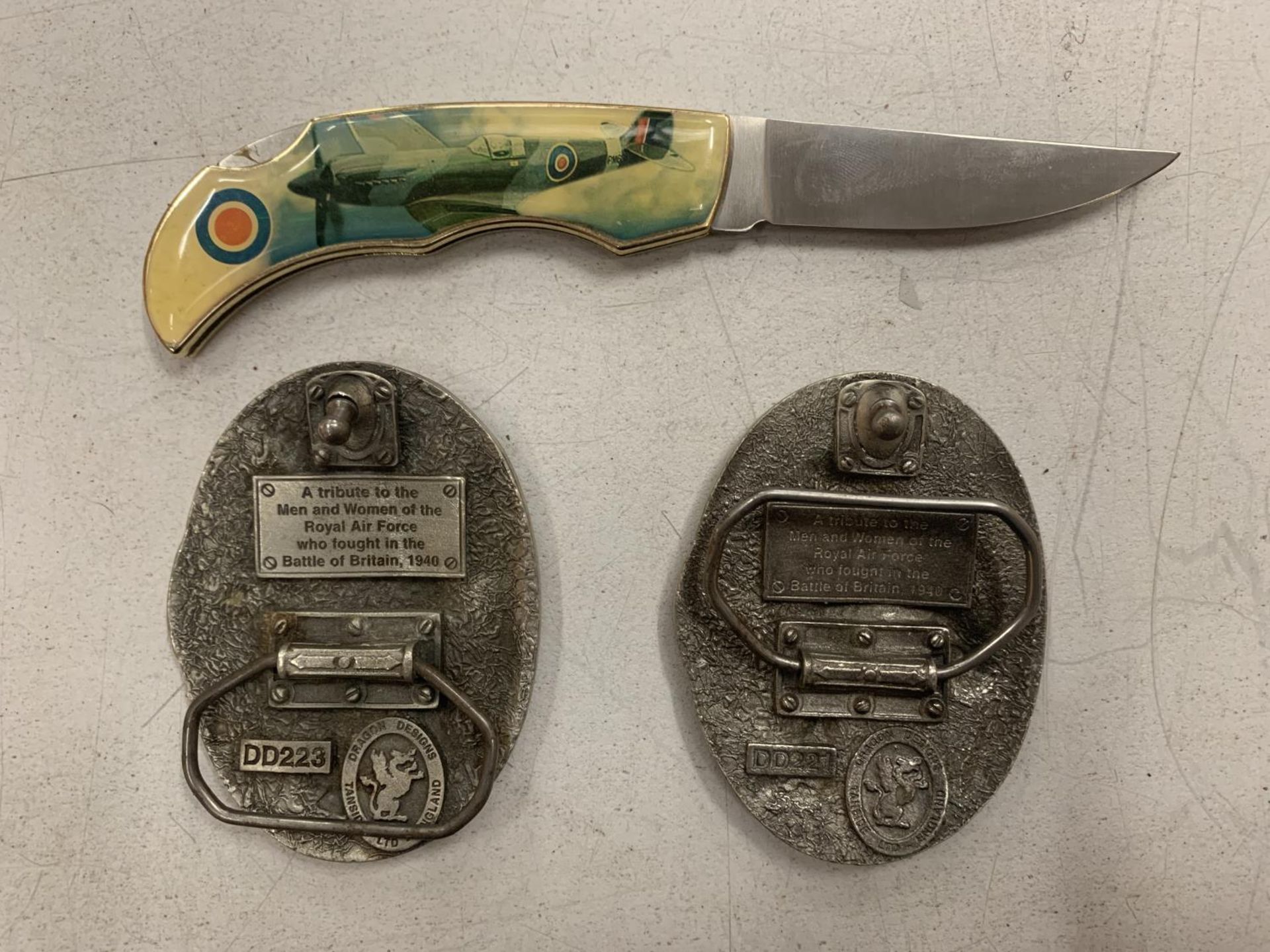 TWO BATTLE OF BRITAIN BELT BUCKLES WITH A SPITFIRE AND AVRO LANCASTER ENAMEL DESIGN AND A SPITFIRE - Image 2 of 2