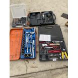 AN ASSORTMENT OF TOOLS TO INCLUDE A SOCKET SET, DRILL AND DRILL BITS ETC