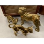 THREE BRASS ANIMALS TO INCLUDE A LARGE BULLDOG AND TWO CATS
