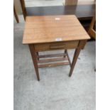 A RETRO TEAK BEDSIDE TABLE WITH SINGLE DRAWERS AND SLATTED UNDERTIER, 17.5" WIDE
