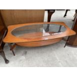 A RETRO TEAK TWO TIER COFFEE TABLE WITH INSET OVAL GLASS TOP, 44X21"