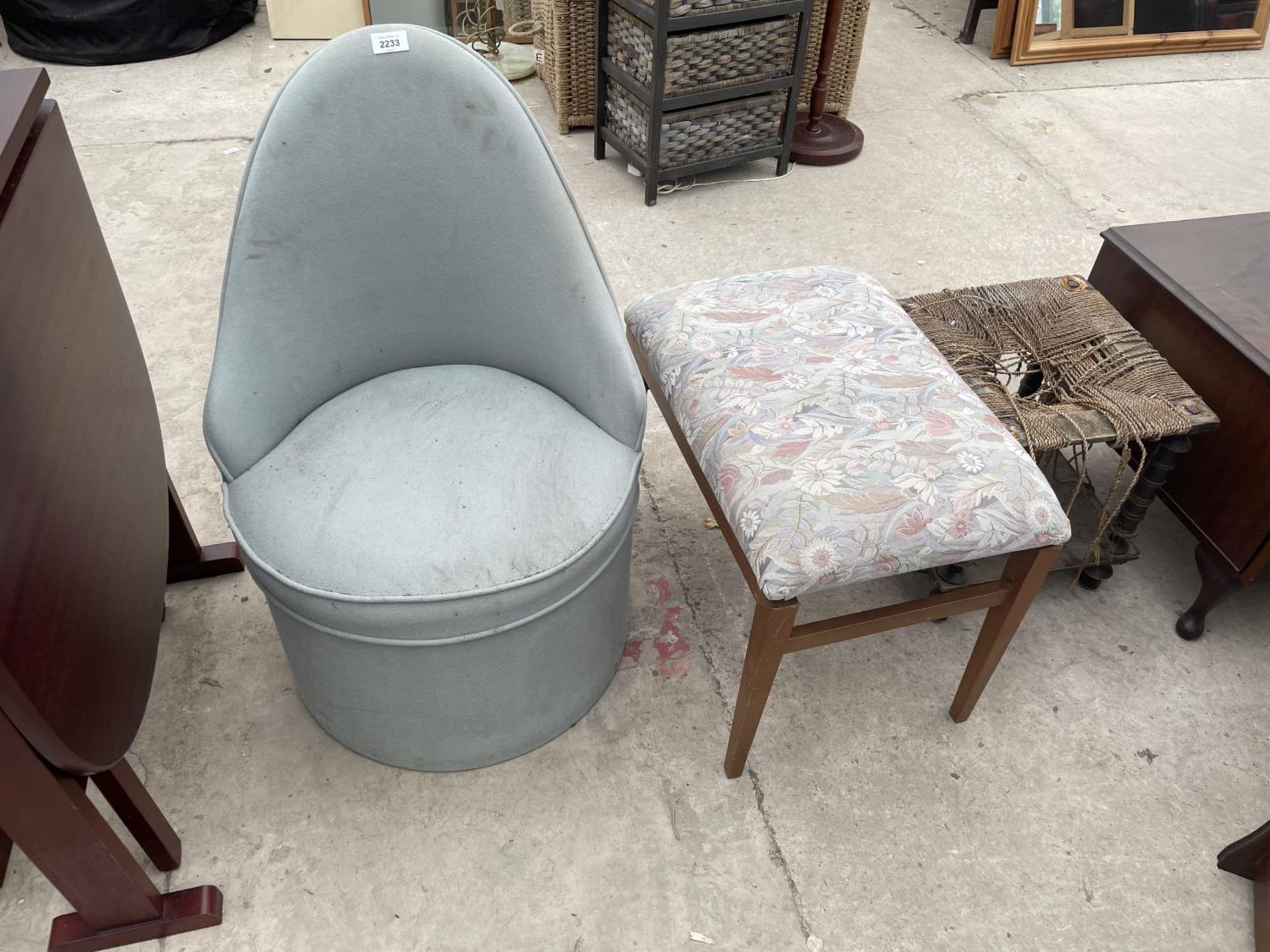 A BEDROOM CHAIR AND TWO STOOLS