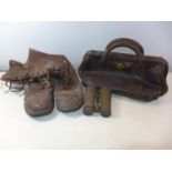 BROWN LEATHER DOCTORS/CASH BAG, PAIR OF WW2 U.S BROWN LEATHER BOOTS AND A PAIR OF FRENCH
