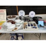 A LARGE ASSORTMENT OF KITCHEN ITEMS TO INCLUDE POTS, PANS AND A SLOW COOKER ETC