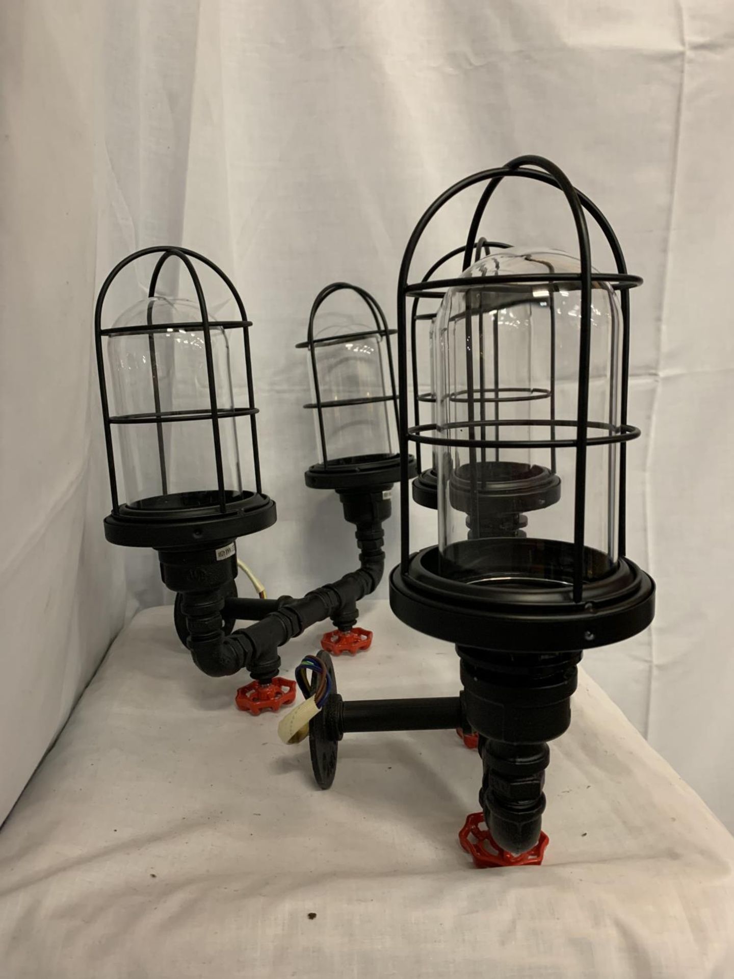 A PAIR OF INDUSTRIAL STYLE TWIN WALL LIGHTS WITH CAGED SHADES AND STEAM PIPE WITH TAPS EFFECT - Image 3 of 3