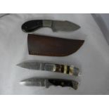 A PERKIN DAMASCUS BLADED KNIFE AND SCABBARD, 11CM BLADE AND TWO PERKIN DAMASCUS BLADED FOLDING