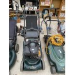 A HAYTER HARRIER 41 PETROL LAWN MOWER WITH REAR ROLLER AND GRASS BOX BELIEVED WORKING ORDER BUT NO