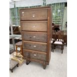 AN EARLY 20TH CENTURY OAK FIVE DRFAWER OFFICE STORAGE CHEST WITH WELLINGTON CHEST TYPE LOCK, 36"