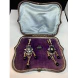 A PAIR OF ORNATE 9 CARAT GOLD, DIAMOND AND BLACK ONYX CHANDELIER DROP EARRINGS WITH PRESENTATION BOX