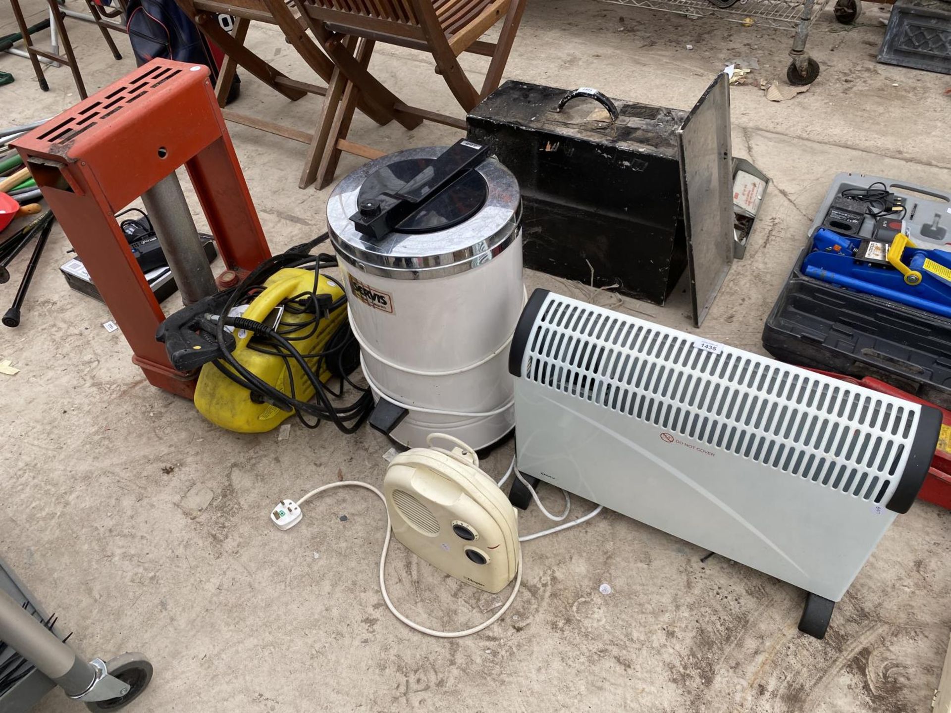 TWO ELECTRIC HEATERS, A SPIN DRYER A PRESSURE WASHER AND AN ALADDIN HEATER
