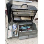 A METAL TOOL CHEST WITH 3 DRAWERS A FURTHER TOOL BOX AND TO INCLUDE TOOLS AND HARDWARE