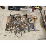 AN ASSORTMENT OF HAND TOOLS TO INCLUDE SPANNERS, WRENCHES AND HAMMERS ETC
