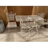 A METAL BISTRO SET WITH RECTANGULAR TABLE AND FOUR CHAIRS