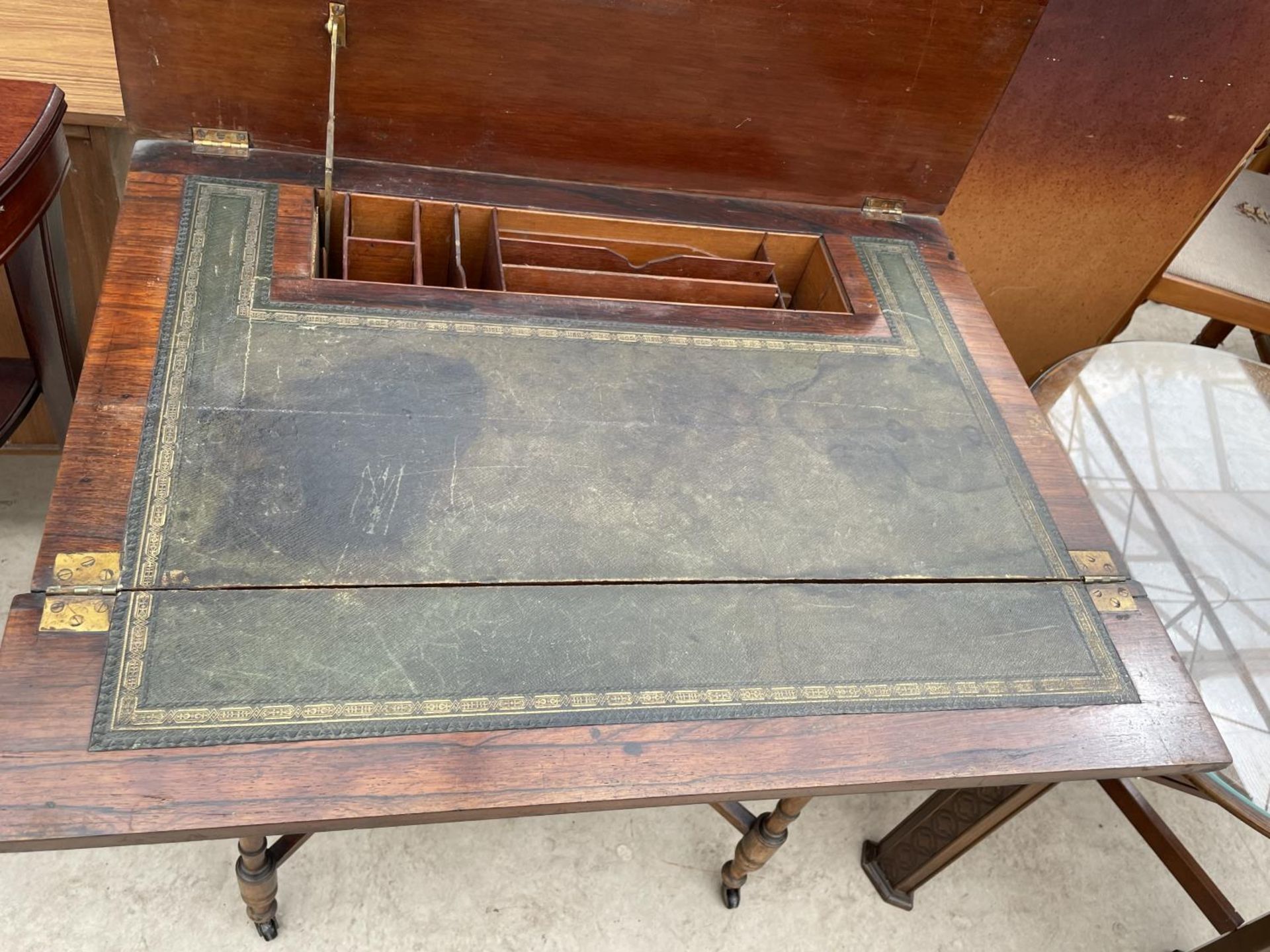 AN EDWARDIAN MAHOGANY AND INLAID FOLD OVER WRITING TABLE STAMPED J.A.S. SHOOLBRED & CO, 27" WIDE - Image 2 of 7