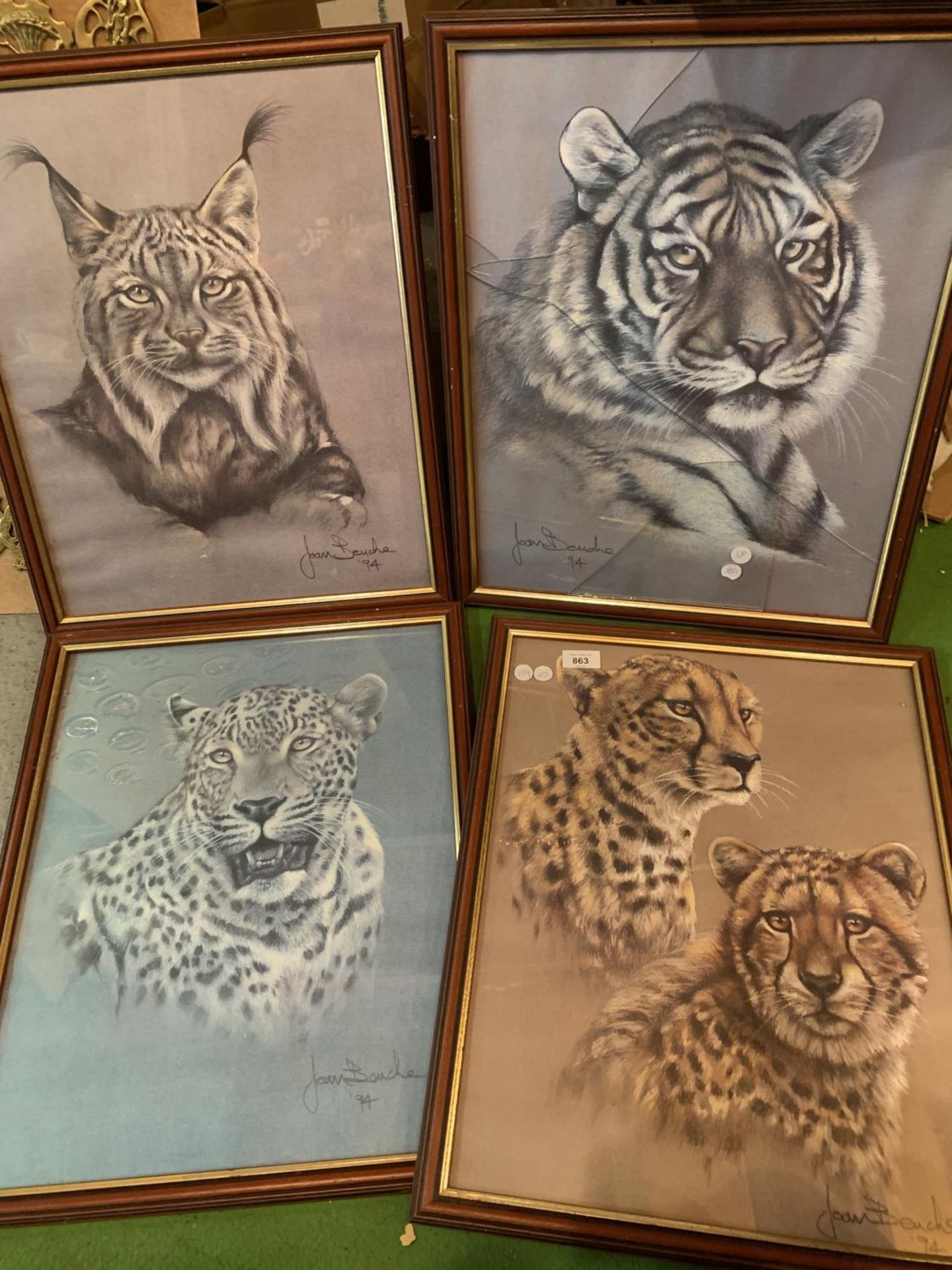 FOUR FRAMED PRINTS OF TIGERS AND LEOPARDS BY JOAN BENCHES (ONE WITH GLASS A/F)