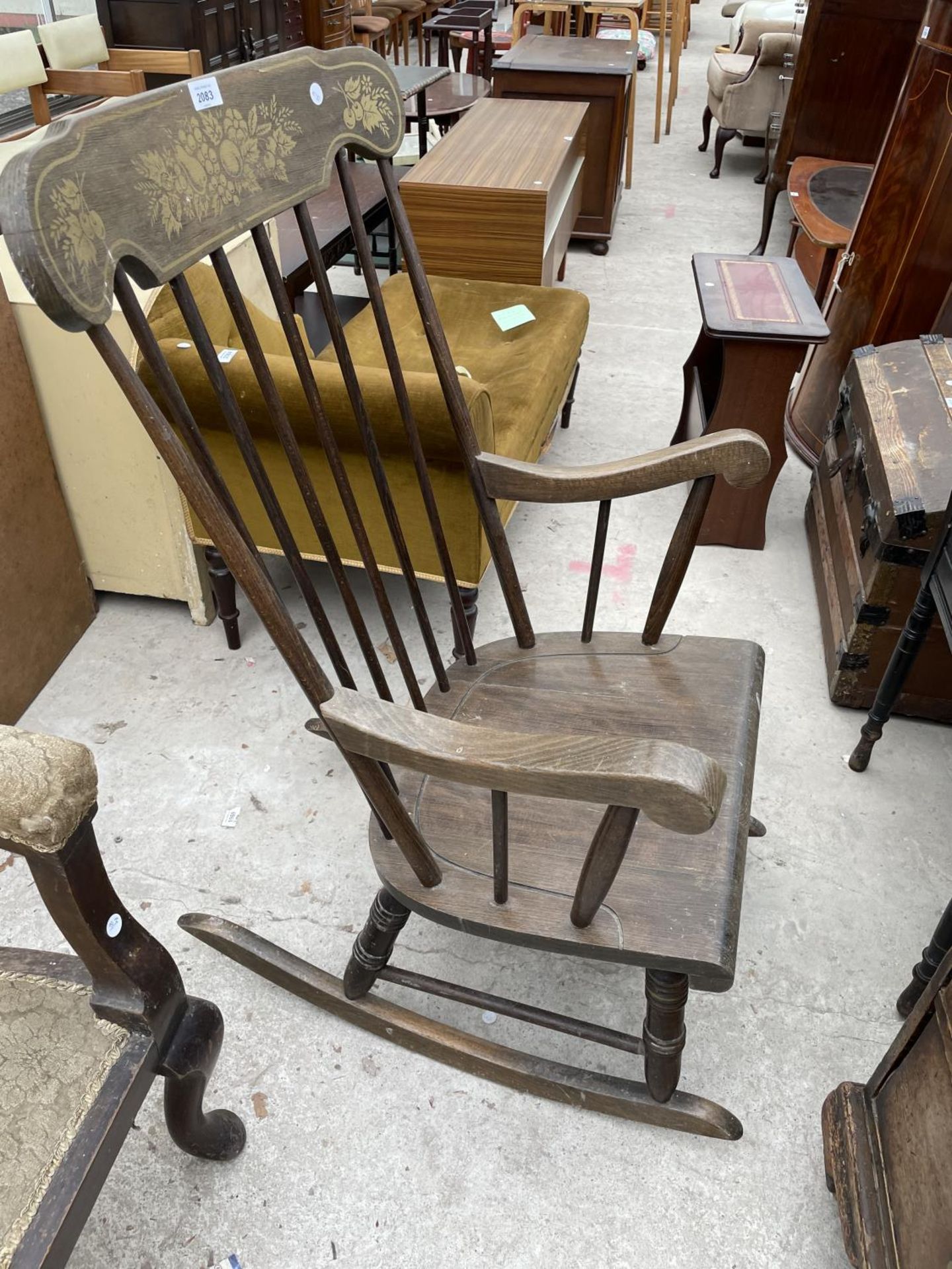 A MODERN BEECH ROCKING CHAIR WITH STENCIL DECORATION OF FRUIT - Image 4 of 4