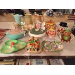 A LARGE MIXED COLLECTION TO INCLUDE JUGS, VASES, TEAPOTS, MONEY BOXES, LIDDED CASSEROLE DISHES ETC.