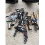 AN ASSORTMENT OF TOOLS TO INCLUDE FLAT IRONS, A COBBLERS LAST AND POWER DRILLS ETC