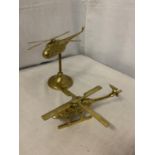 TWO POLISHED BRASS HELICOPTERS WITH SPINNING BLADES