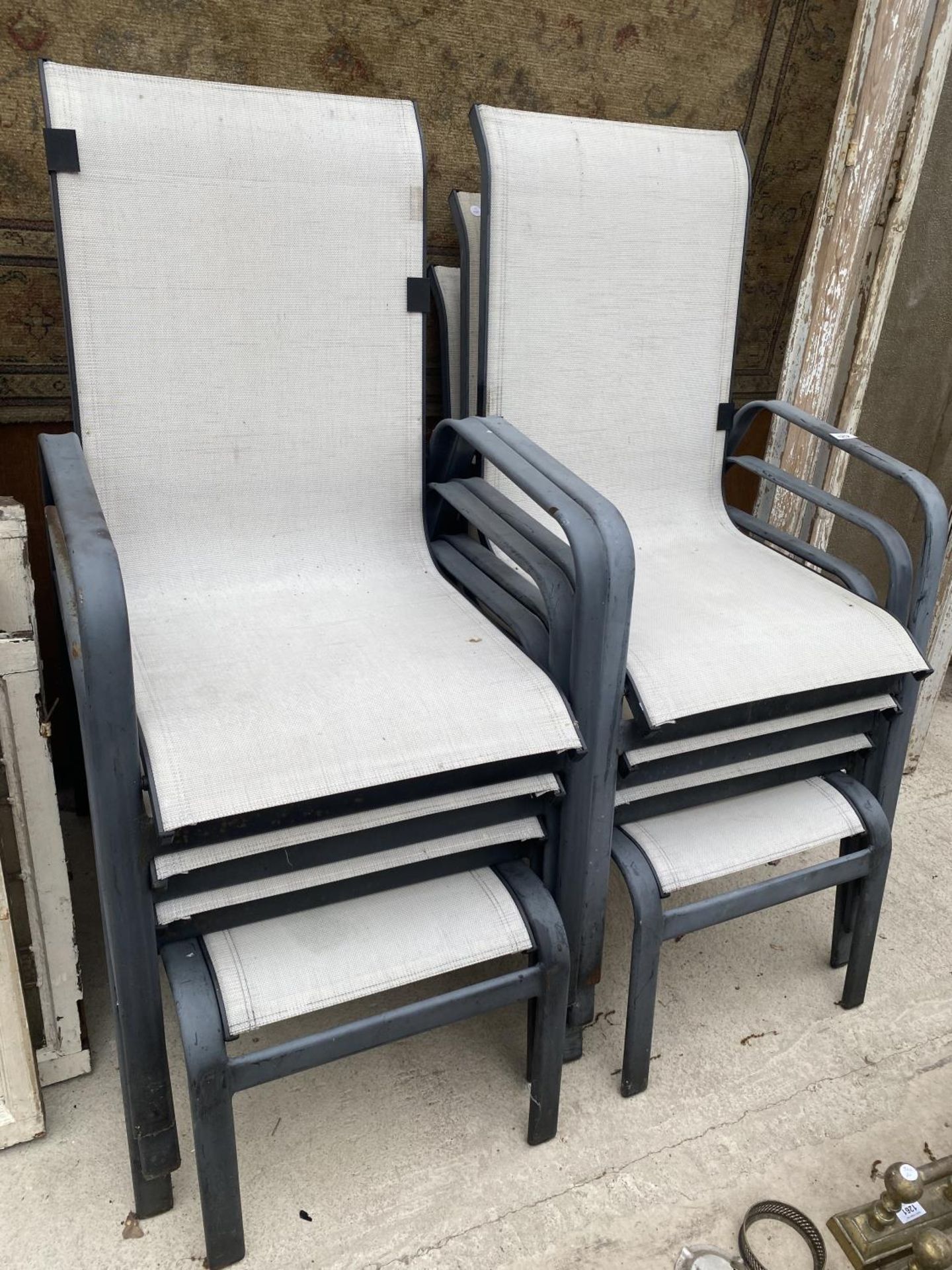 A GROUP OF SIX METAL FRAMED GARDEN CHAIRS TO INCLUDE TWO FOOT STOOLS - Image 2 of 3