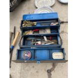 A METAL TOOL BOX WITH AN ASSORTMENT OF TOOLS TO INCLUDE ADJUSTABLE SPANNERS, MOLE GRIPS AND A