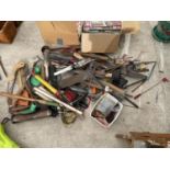 AN ASSORTMENT OF HAND TOOLS TO INCLUDE SET SQUARES, SAWS AND SPANNERS ETC