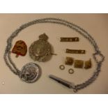 A LIVERPOOL SCOTTISH 8TH VOLUNTER BATTALIAN BADGE, BURMA SHOULDER TABS ETC