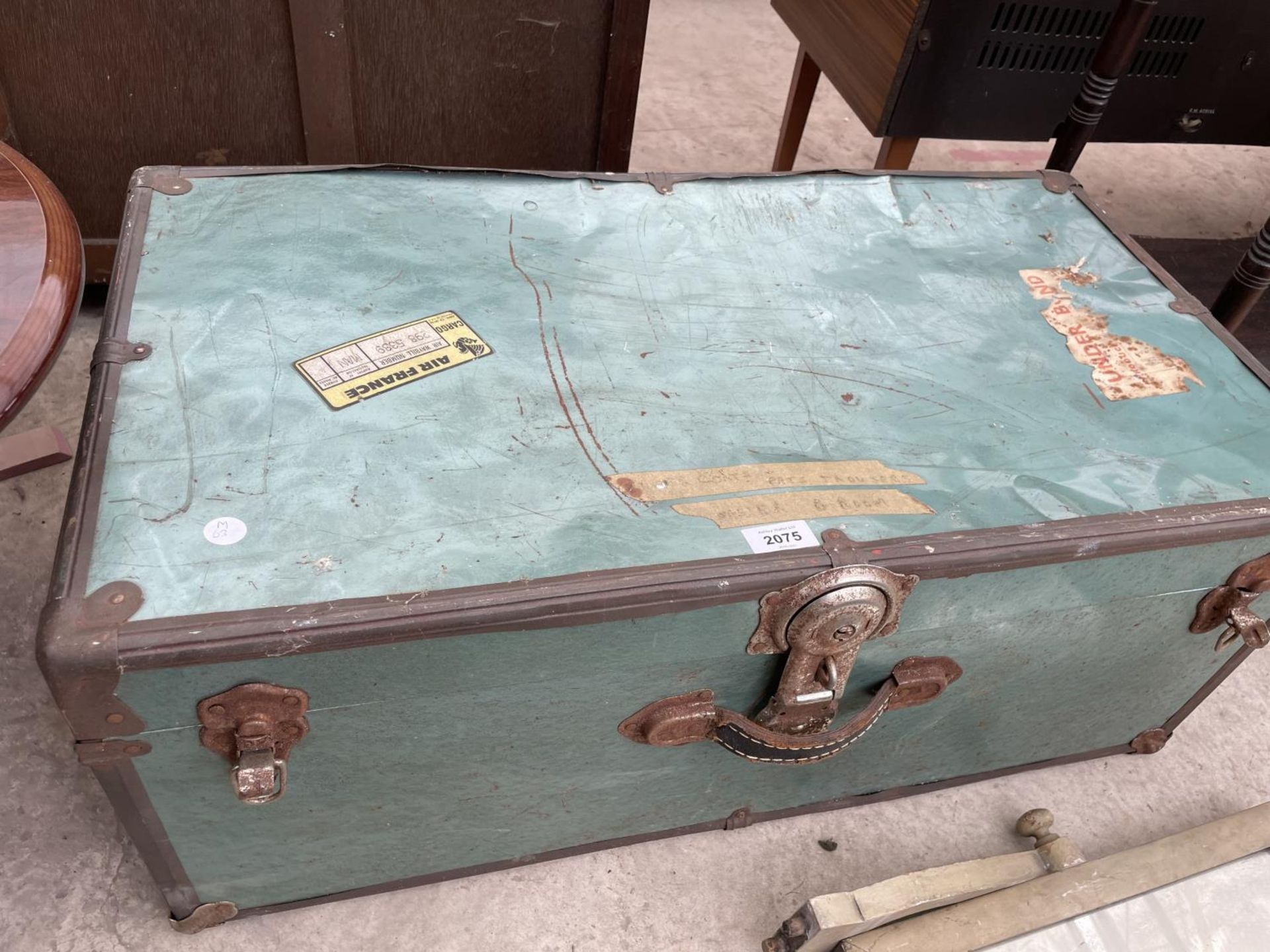 A METAL FRAMED TRAVEL TRUNK AND PAINTED MIRROR - Image 2 of 4