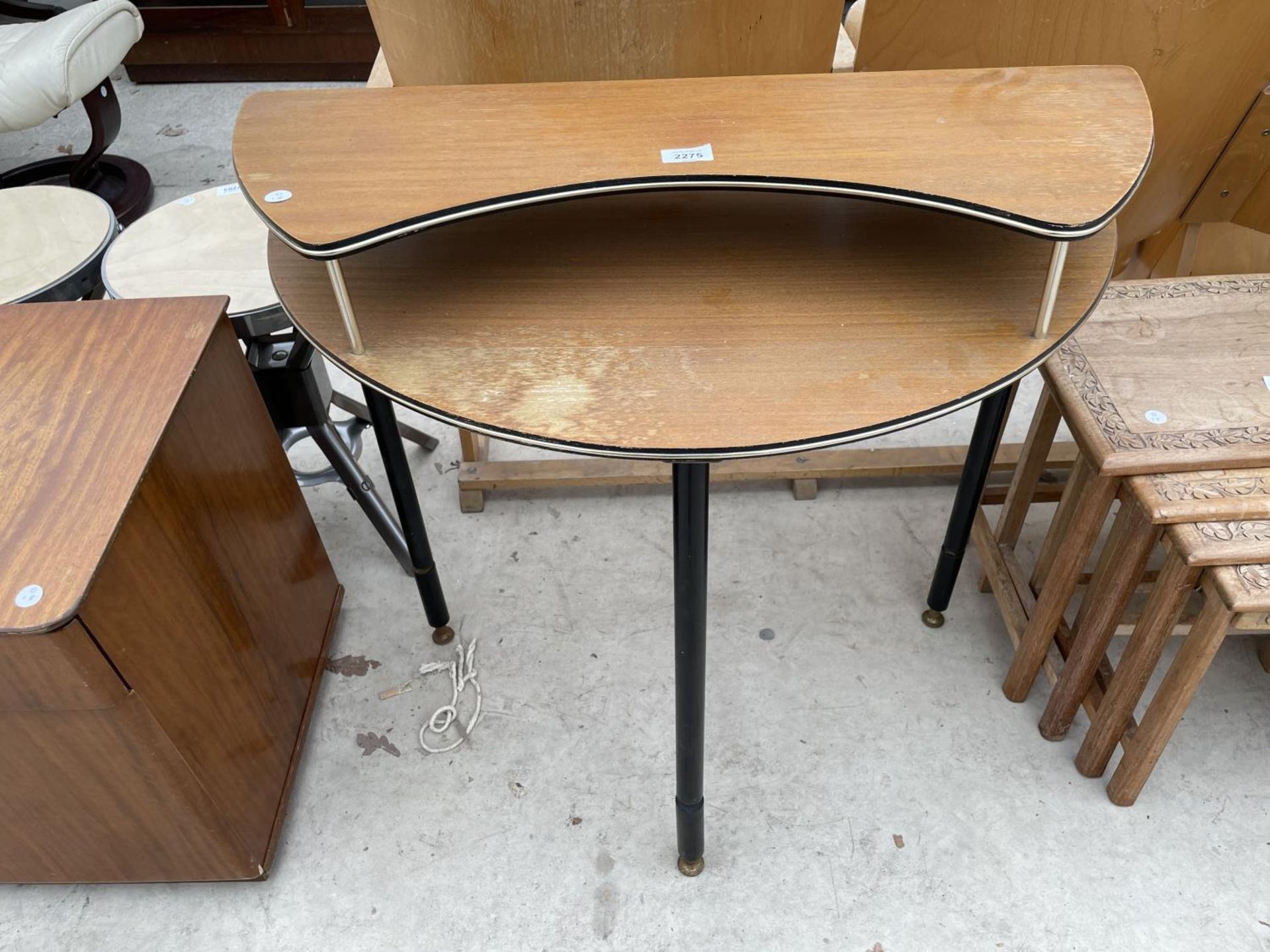 A RETRO TEAK CONSOLE TABLE ON BLACK LEGS