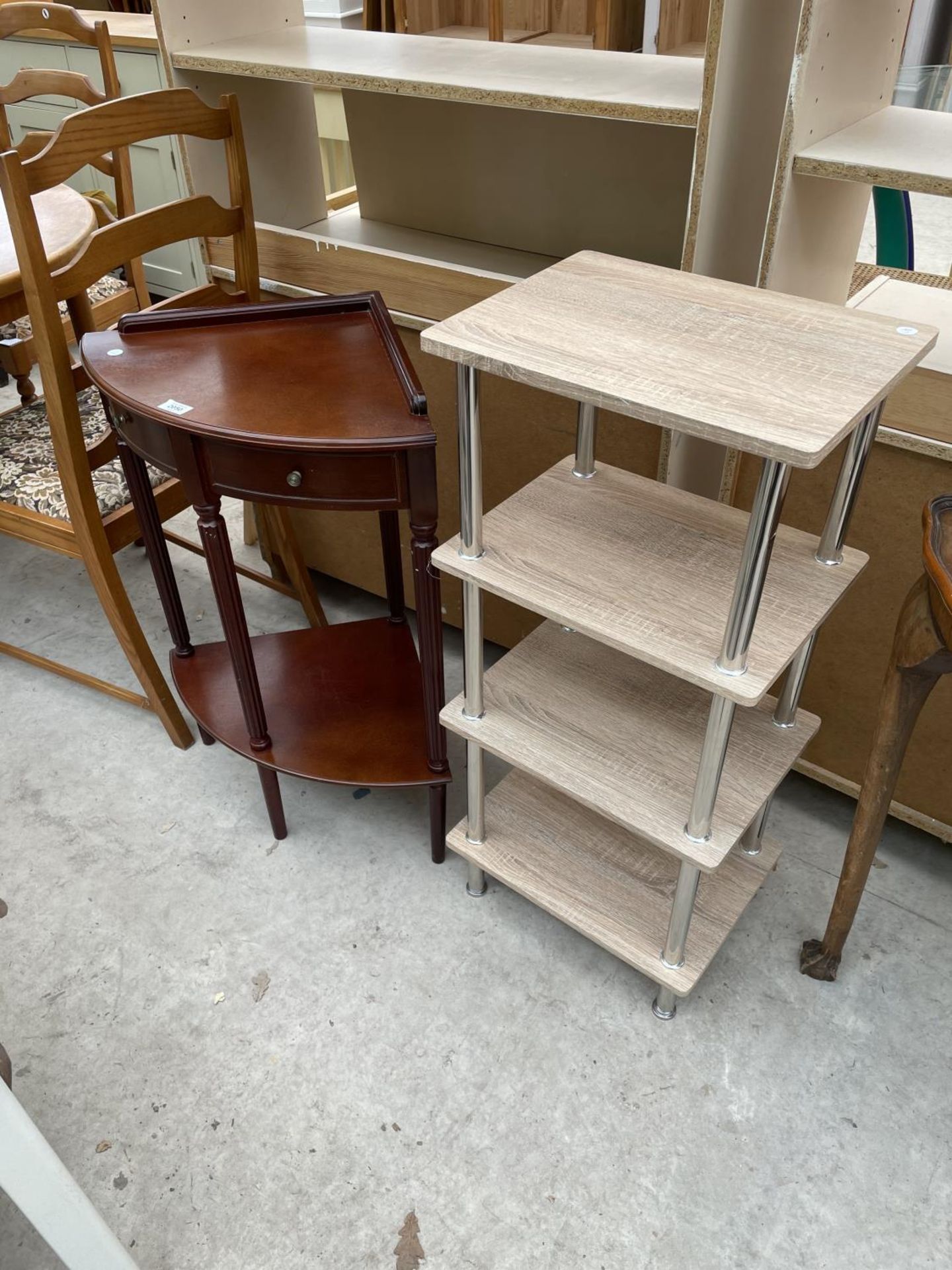 A MODERN CORNER STAND WITH TWO SHAM DRAWERS, FOUR TIER OPEN STAND