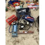AN ASSORTMENT OF ITEMS TO INCLUDE A BATTERY CHARGER, FOOT PUMP AND CAR COMPRESSOR ETC