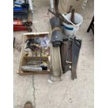 AN ASSORTMENT OF ITEMS TO INCLUDE BRASS DOOR FURNITURE, SAWS AND HINGES ETC