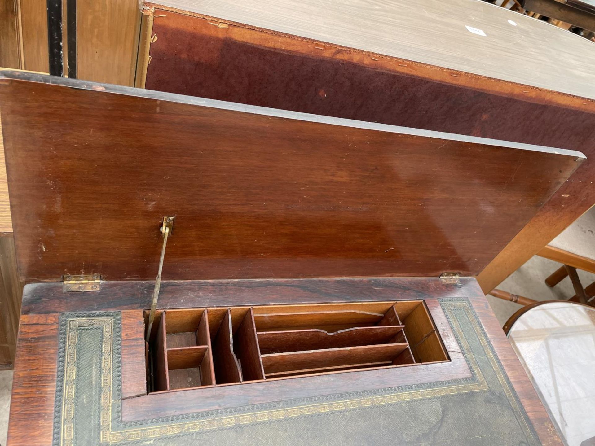 AN EDWARDIAN MAHOGANY AND INLAID FOLD OVER WRITING TABLE STAMPED J.A.S. SHOOLBRED & CO, 27" WIDE - Image 3 of 7