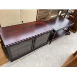 A MODERN MAHOGANY EFFECT TWO DOOR GLAZED UNIT AND SIMILAR COFFEE TABLE