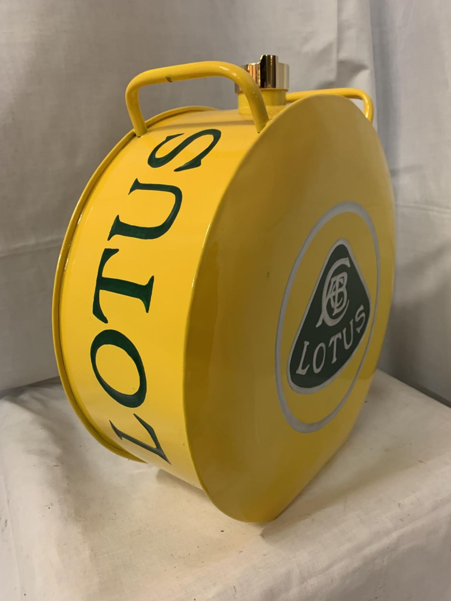 A YELLOW LOTUS PETROL CAN WITH BRASS TOP - Image 2 of 3