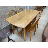 AN ERCOL DINING TABLE, 54X26.5", ON SPLAY BASE WITH CENTRAL STRETCHER, TOGETHER WITH FOUR CHAIRS