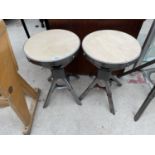 A PAIR OF POLISHED STEEL INDUSTRIAL STYLE STOOLS, 18" HIGH