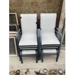 A GROUP OF SIX METAL FRAMED GARDEN CHAIRS TO INCLUDE TWO FOOT STOOLS