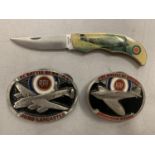 TWO BATTLE OF BRITAIN BELT BUCKLES WITH A SPITFIRE AND AVRO LANCASTER ENAMEL DESIGN AND A SPITFIRE