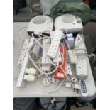 AN ASSORTMENT OF ELECTRIC HEATERS AND EXTENSION LEADS ETC