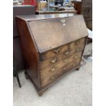 A GEORGE III MAHOGANY BUREAU WITH FITTED INTERIOR, TWO SHORT AND THREE LONG GRADUATED DRAWERS, 42"