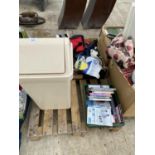 AN ASSORTMENT OF HOUSEHOLD CLEARANCE ITEMS TO INCLUDE DVDS, A BIN AND HATS ETC