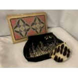 TWO BEADED CLUTCH BAGS AND A SMALL FUR COIN PURSE