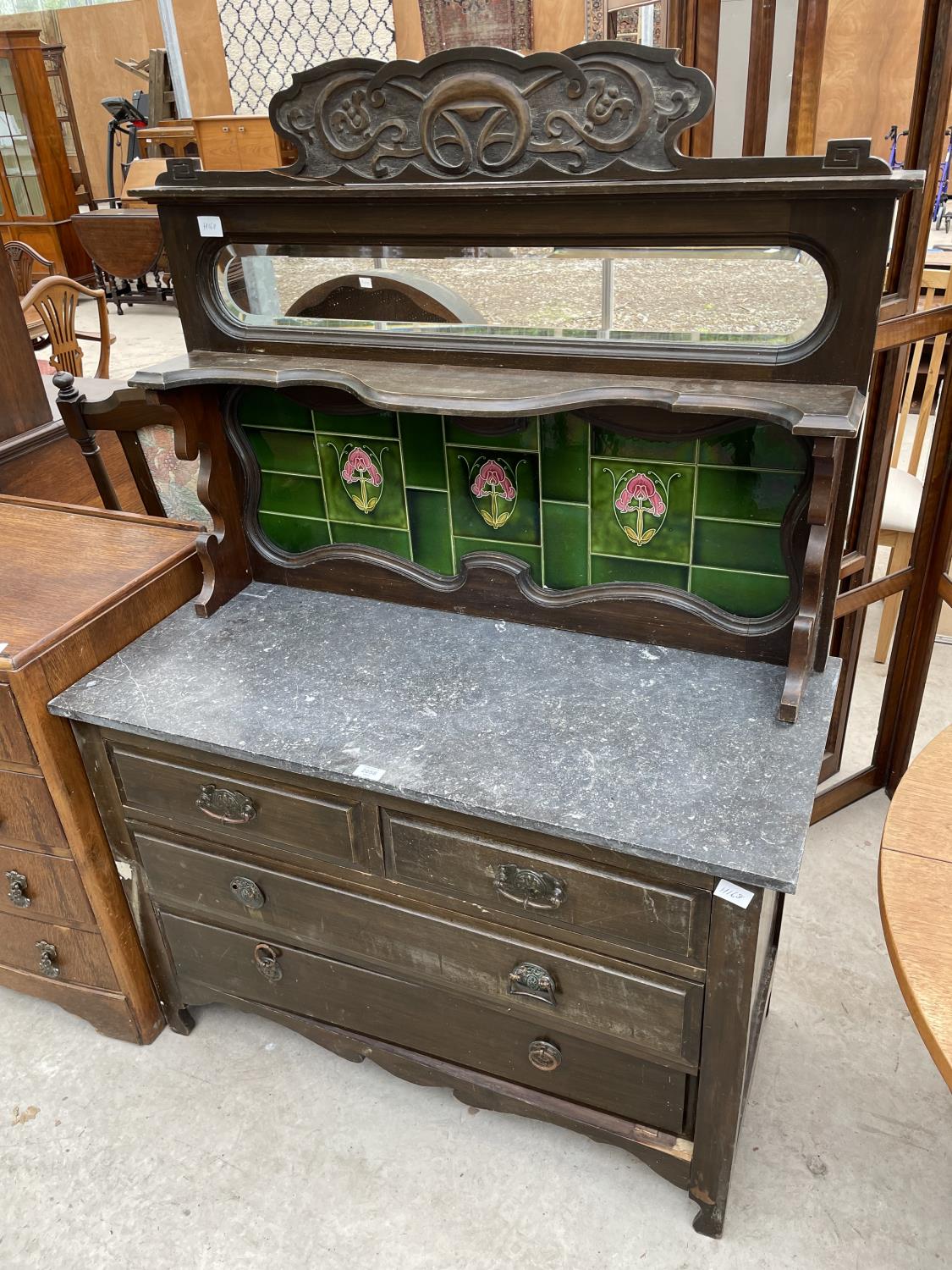 A VICTORIAN SATINWOOD MARBLE TOP WASHSTAND WITH TILED AND MIRRORED BACK, 42" WIDE