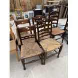 FIVE VARIOUS RUSH SEATED DINING CHAIRS