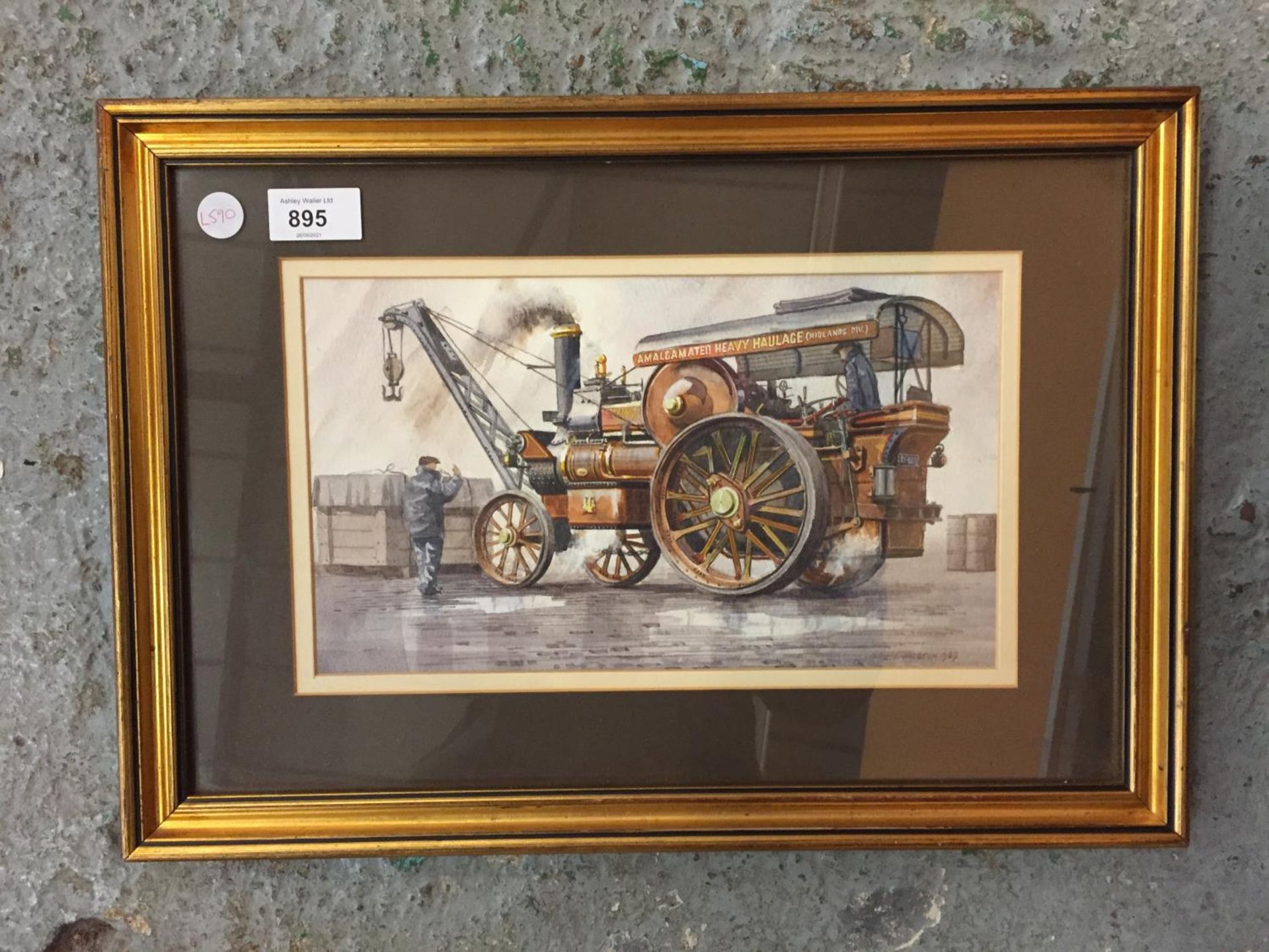 A FRAMED WATERCOLOUR OF 'AMALGAMATED HEAVY HAULAGE MIDLANDS DIV' STEAM ENGINE BY JOHN E. WIGSTON - Image 2 of 2
