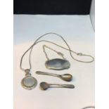VARIOUS ITEMS TO INCLUDE SILVER SPOONS, DECANTER LABEL AND A FOB WITH CHAIN