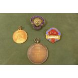 AN ENAMEL BRITISH LEGION BADGE, P.A. BADGE AND A SILVER SLOW BICYCLE RACE MEDAL ETC